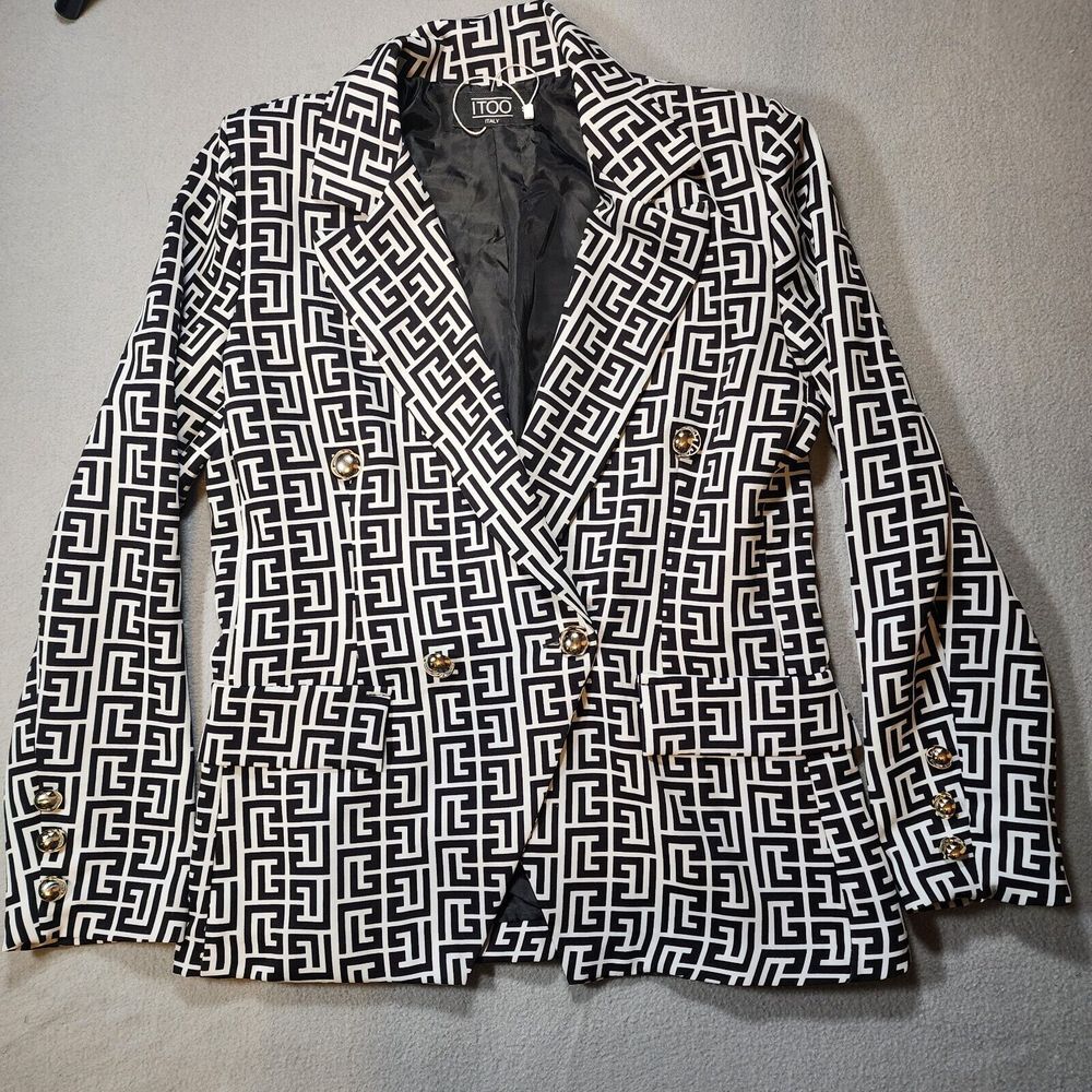 I‎ Too Italy Women's Blazer Black White Geometric NWOT Single Button Small